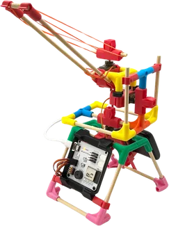 A crane with a red mast, a pulley and a small screen