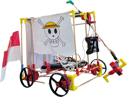 A cart carrying a drawing on a white screen