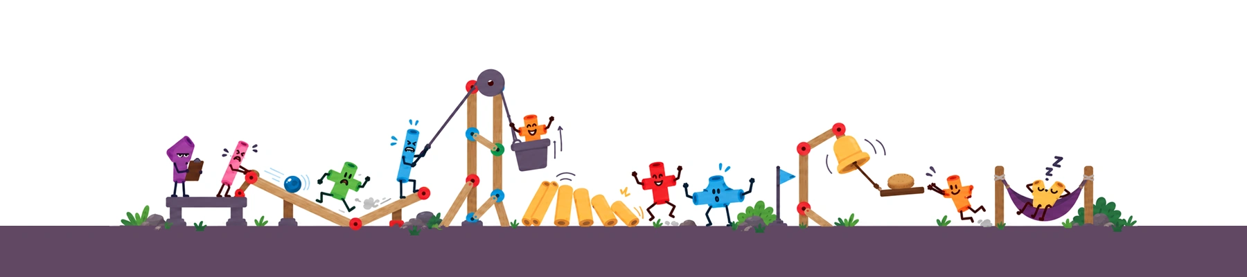 Stickies running a chain reaction: a ball rolls down a ramp into a lever, a pulley lifts a bucket, a row of chopsticks topples and rings a bell at the end, and one sleeps through it in a hammock