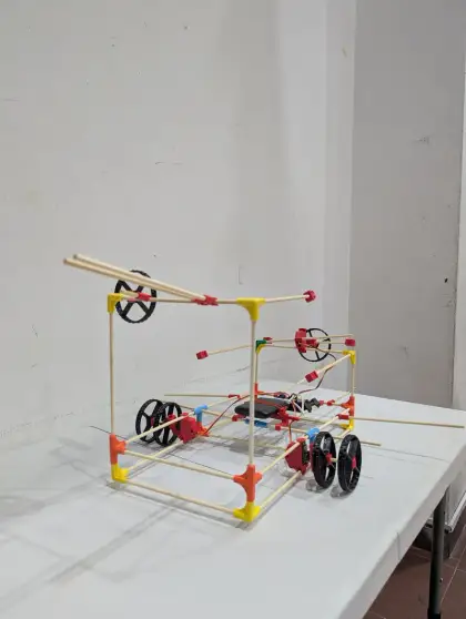 A car with a tall diagonal mast