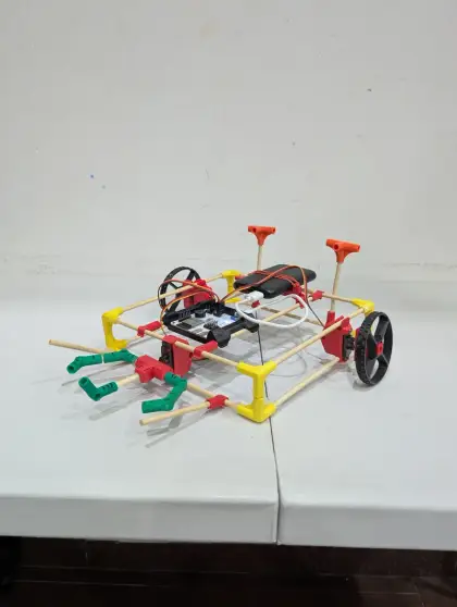 A low cart with red and green paper trim