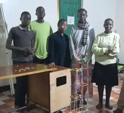 Pupils in Uganda with their tower