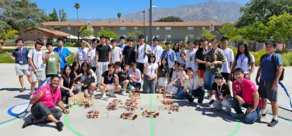 Students and teachers at EF Pasadena, mountains behind