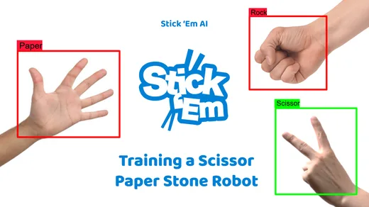 Stick ’Em Academy lesson cover: Training a Scissor Paper Stone Robot
