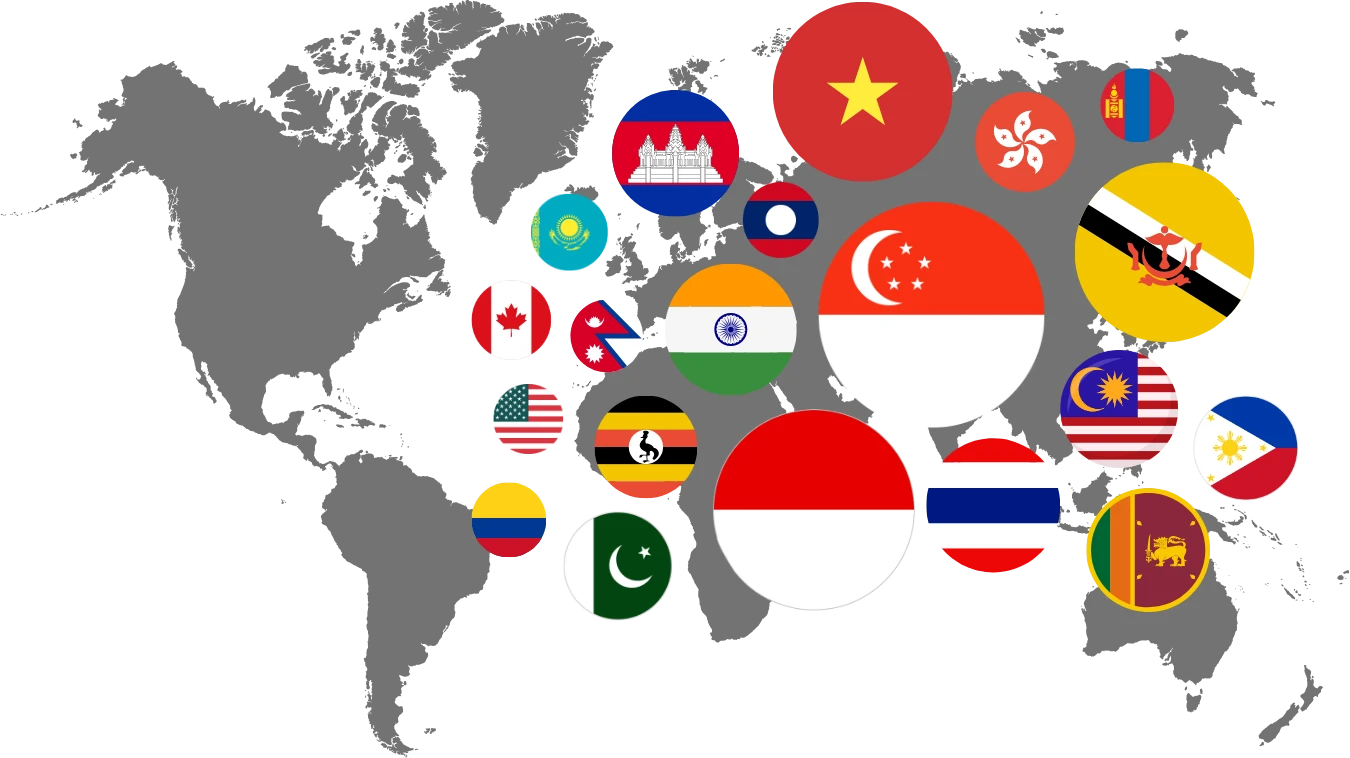 A world map with the flags of the countries Stick ’Em is used in